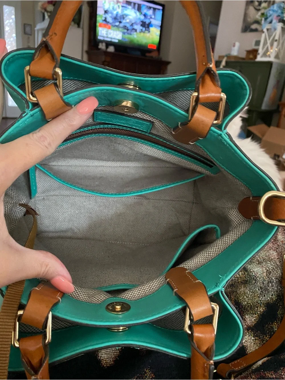 Dooney & Bourke City Barlow Teal Satchel with Tan Handles